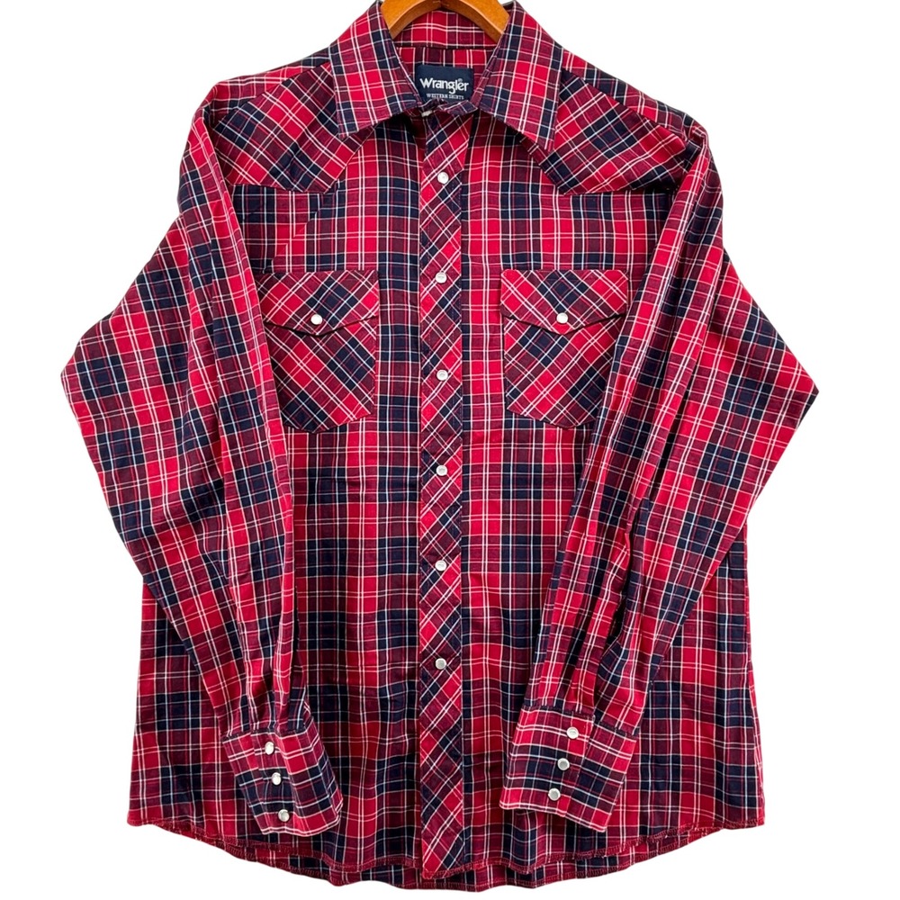 Wrangler Mens Red Navy Blue Plaid Western Snap Front Shirt Large 70204RP
